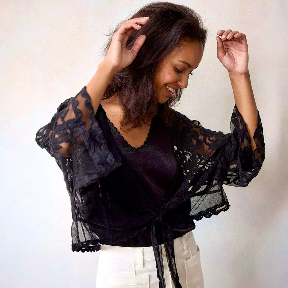 Rachel Zoe Cropped Black Lace Tie Blouse
